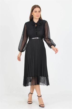 Neşeli butik kadın siyah yakası bağlama detaylı kemerli dantel elbise APCX41