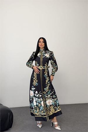 Neşeli butik kadın siyah hakim yaka çiçek desenli maxi boy tasarım elbise NBMS2653