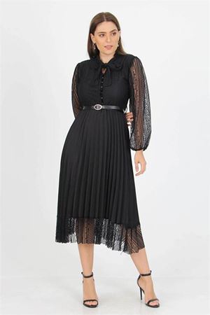 Neşeli butik kadın siyah yakası bağlama detaylı kemerli dantel elbise APCX41