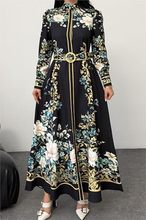 Neşeli butik kadın siyah hakim yaka çiçek desenli maxi boy tasarım elbise NBMS2653