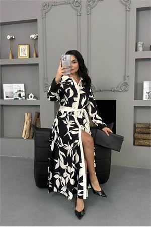 Neşeli butik kadın siyah beyaz desenli tam düğmeli ithal kumaş kuşaklı elbise NBMS25106
