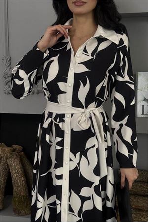 Neşeli butik kadın siyah beyaz desenli tam düğmeli ithal kumaş kuşaklı elbise NBMS25106