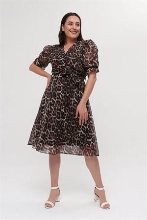 Neşeli butik kadın büyük beden leoopar desenli midi boy elbise NM8062