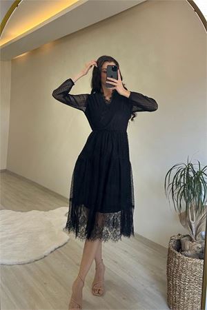 Neşeli butik kadın kruvaze yaka dantelli tül elbise NM010