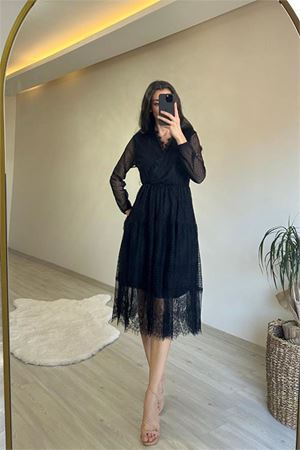 Neşeli butik kadın kruvaze yaka dantelli tül elbise NM010