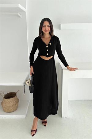 Neşeli butik kadın siyah v yaka düğme detaylı bel dekolteli midi boy elbise NBK4368