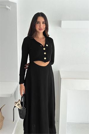 Neşeli butik kadın siyah v yaka düğme detaylı bel dekolteli midi boy elbise NBK4368