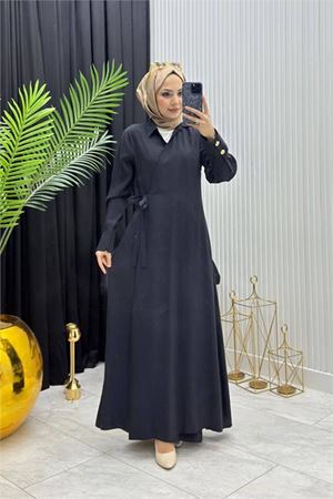 Neşeli butik kadın siyah kol düğme detaylı beğlamalı tesettür ferace elbise --- NMS097