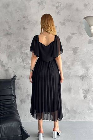 Neşeli butik kadın madonna yaka piliseli şifon elbise NBK2099