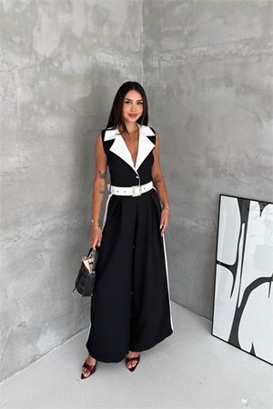 Neşeli butik kadın siyah çift renkli kemerli şerit detaylı tam boy kolsuz tulum NBK087