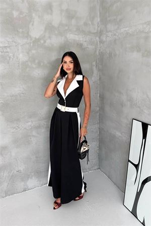 Neşeli butik kadın siyah çift renkli kemerli şerit detaylı tam boy kolsuz tulum NBK087