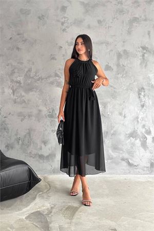 Neşeli butik kadın gül broş detaylı uzun şifon elbise NBK2144