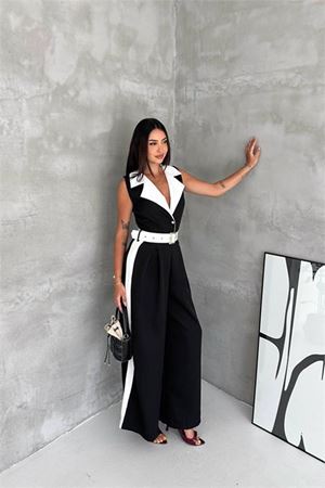 Neşeli butik kadın siyah çift renkli kemerli şerit detaylı tam boy kolsuz tulum NBK087
