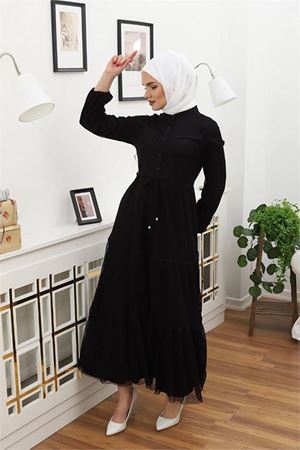 Neşeli butik kadını düğme detaylı tesettür elbise RSSN44 - Siyah