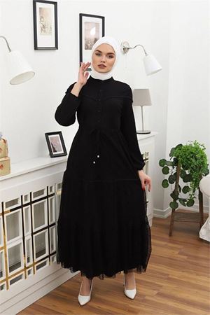 Neşeli butik kadını düğme detaylı tesettür elbise RSSN44 - Siyah