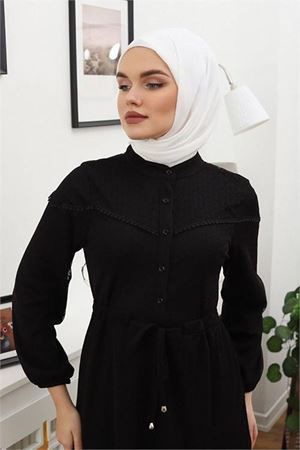 Neşeli butik kadını düğme detaylı tesettür elbise RSSN44 - Siyah