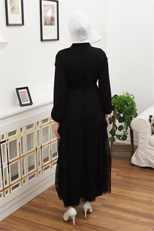 Neşeli butik kadını düğme detaylı tesettür elbise RSSN44 - Siyah