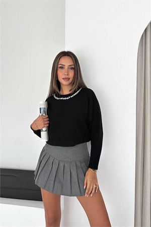 Neşeli butik kadın siyah yaka taş işlemeli oversize triko kazak NBK25818 ( STD-36-42)