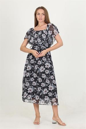 Neşeli butik kadın madonna yaka kuşaklı desenli şifon elbise RY10037