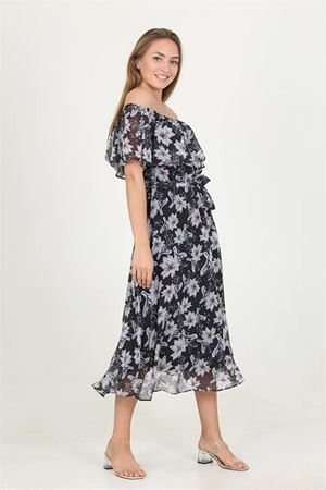 Neşeli butik kadın madonna yaka kuşaklı desenli şifon elbise RY10037