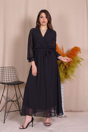 Neşeli Butik Kadın Kruvaze Yaka Bağlama Detaylı Yeni Sezon Uzun Şifon Elbise KTS003