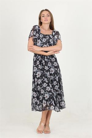 Neşeli butik kadın madonna yaka kuşaklı desenli şifon elbise RY10037