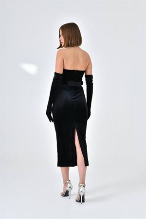 Neşeli butik kadın straplez eldivenli fransız kadife abiye elbise NBS9334