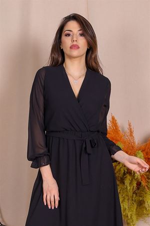 Neşeli Butik Kadın Kruvaze Yaka Bağlama Detaylı Yeni Sezon Uzun Şifon Elbise KTS003