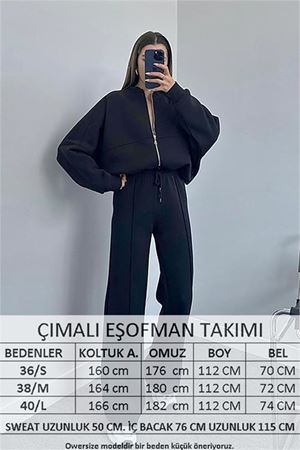Neşeli butik kadın 3 iplik içi pamuklu kışlık eşofman takımı GTS018 - Siyah