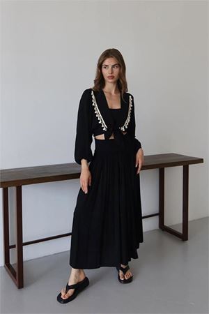 Neşeli butik kadın püskül detaylı yırtmaçlı bohem takım NBNP015