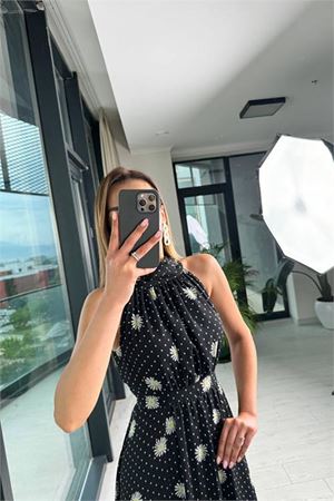 Neşeli butik kadın halter yaka astarlı maxi şifon elbise NBMY3242