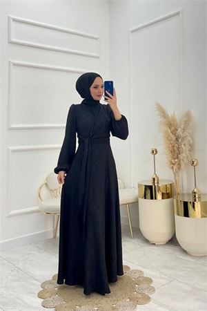 Neşeli butik kadın bağlama detaylı jakarlı tesettür elbise NMS044