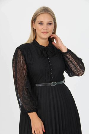 Neşeli butik kadın piliseli dantel elbise APCX28 - Siyah