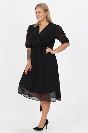 Neşeli butik kadın kruvaze yaka midi boy büyük beden şifon elbise NB8062