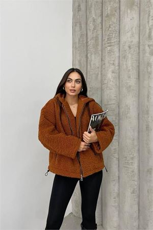 Neşeli butik kadın taba fermuar detaylı ithal peluş NBDM5000