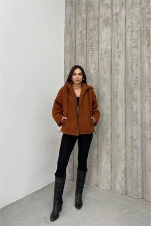 Neşeli butik kadın taba fermuar detaylı ithal peluş NBDM5000