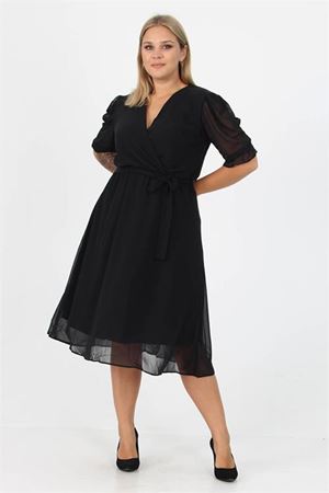 Neşeli butik kadın kruvaze yaka midi boy büyük beden şifon elbise NB8062