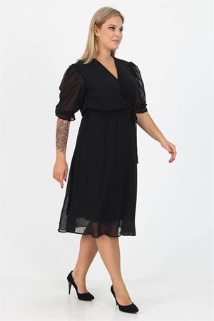 Neşeli butik kadın kruvaze yaka midi boy büyük beden şifon elbise NB8062