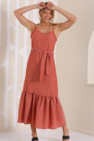 Neşeli butik kadın kirinkil askılı eteği fırfırlı uzun elbise KKLF32