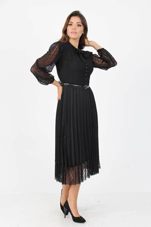 Neşeli butik kadın kemerli yakası bağlama detaylı piliseli düğme detaylı çan elbise APCX09