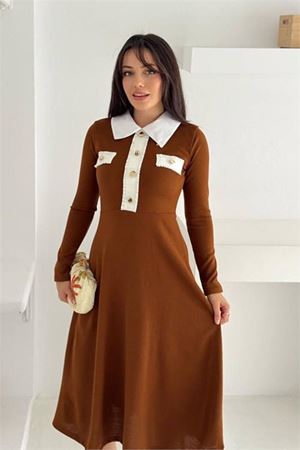 Neşeli butik kadın gömlek yaka düğme detaylı uzun kollu elbise NBK4327