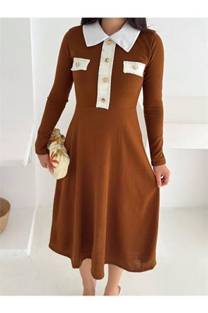 Neşeli butik kadın gömlek yaka düğme detaylı uzun kollu elbise NBK4327