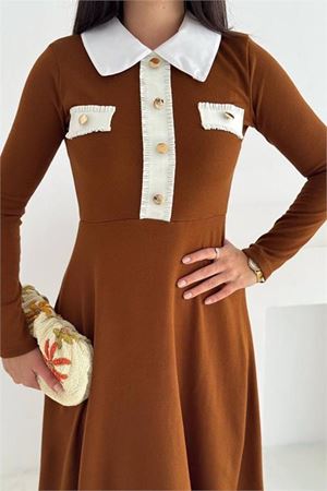 Neşeli butik kadın gömlek yaka düğme detaylı uzun kollu elbise NBK4327