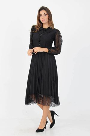 Neşeli butik kadın kemerli yakası bağlama detaylı piliseli düğme detaylı çan elbise APCX09