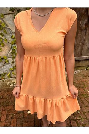 Neşeli butik kadın orange yeni sezon V-yaka eteği fırfırlı yazlık elbise LPTR02