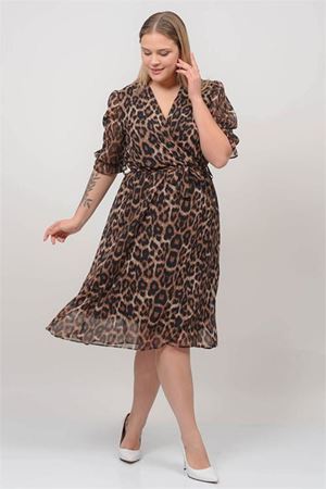 Neşeli butik kadın kruvaze yaka midi boy büyük beden leopar Desenli şifon elbise NB80622