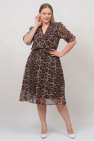 Neşeli butik kadın kruvaze yaka midi boy büyük beden leopar Desenli şifon elbise NB80622