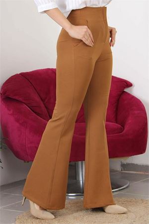 Neşeli butik kadın yüksek bel ispanyol paça likralı kumaş pantolon QNS018