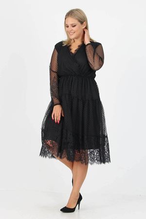 Neşeli butik kadın yeni sezon tül detaylı kruvaze yaka büyük beden elbise APCX14