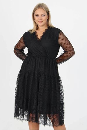 Neşeli butik kadın yeni sezon tül detaylı kruvaze yaka büyük beden elbise APCX14